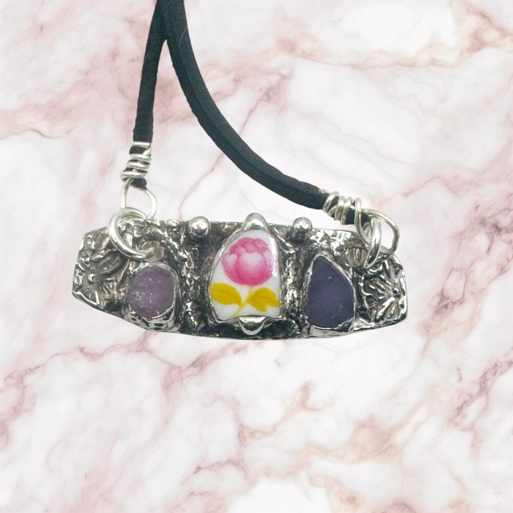 Artisan Boho Broken China & Glass Mixed Media Necklace With Silver Blend Pendant - Picture 10 of 14